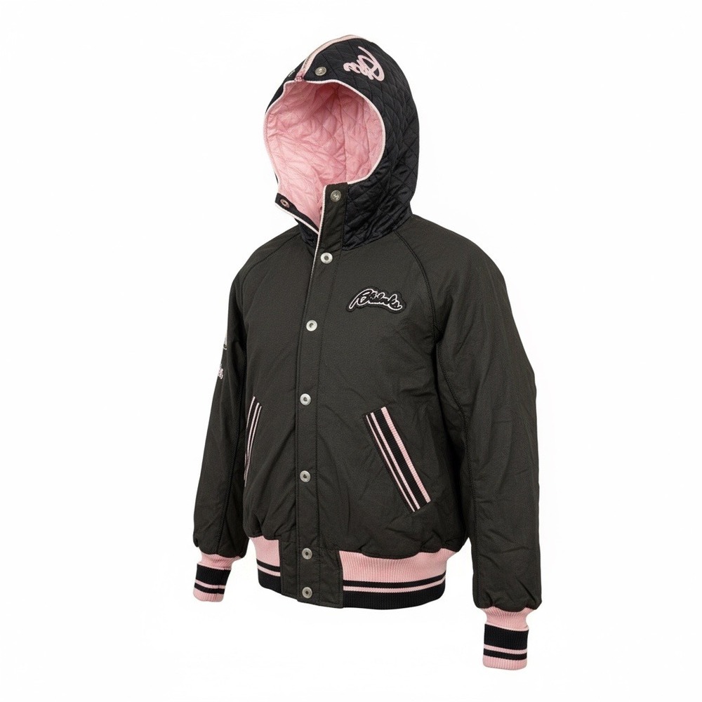 Akdmks Vintage Black Pink Quilted Hooded Bomber Jacket‎ Varsity Style Women's M
